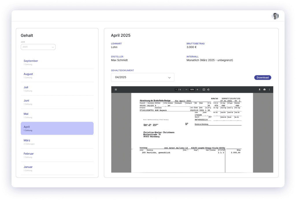 Dashboard-Ansicht aller hinterlegten Gehaltsabrechnungen mit PDF-Ansicht